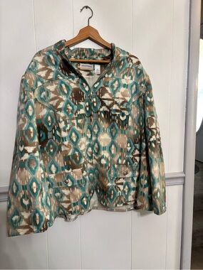 Alfred Dunner Teal, Brown & Cream Patterned Bomber Jacket